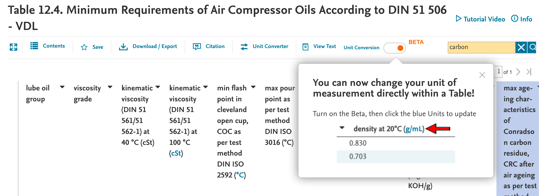 Screenshot of unit conversion within interactive tables